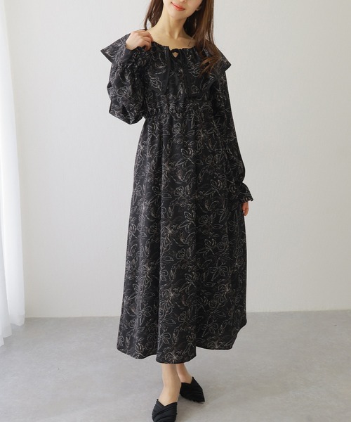 Lace Ladies(レースレディース)の「ボタニカル柄 ビッグカラー キャンディ袖 マキシ ワンピース(ワンピース・レディース・ベージュ/アイボリー/ブラック・S/FREE)」の2枚目の写真