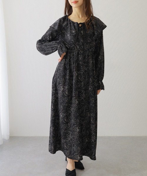 Lace Ladies(レースレディース)の「ボタニカル柄 ビッグカラー キャンディ袖 マキシ ワンピース(ワンピース・レディース・ベージュ/アイボリー/ブラック・S/FREE)」の6枚目の写真
