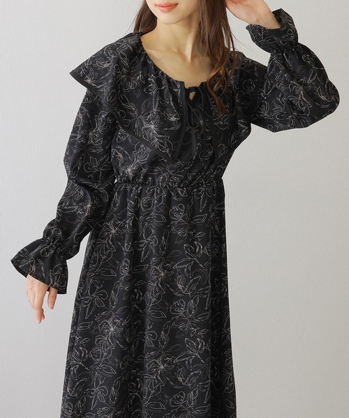 Lace Ladies(レースレディース)の「ボタニカル柄 ビッグカラー キャンディ袖 マキシ ワンピース(ワンピース・レディース・ベージュ/アイボリー/ブラック・S/FREE)」の8枚目の写真