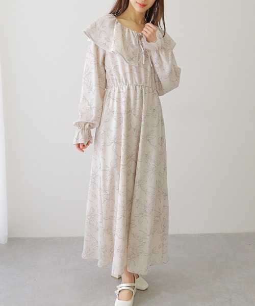 Lace Ladies(レースレディース)の「ボタニカル柄 ビッグカラー キャンディ袖 マキシ ワンピース(ワンピース・レディース・ベージュ/アイボリー/ブラック・S/FREE)」の14枚目の写真