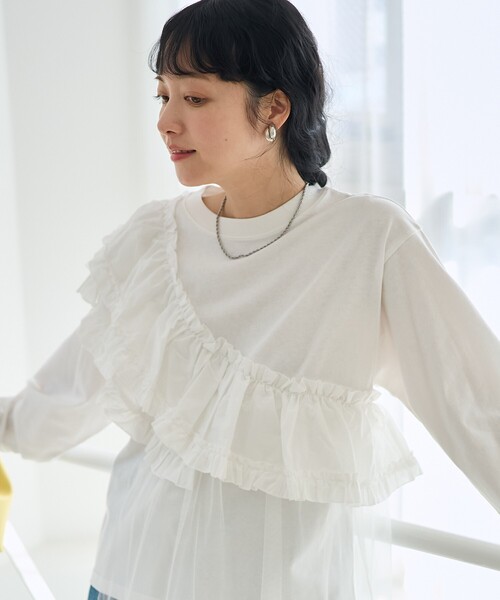 FREAK'S STORE(フリークスストア)の「フリルチュールドッキング ロンT(Tシャツ/カットソー・レディース・ベージュ/オフホワイト/サックスブルー/ブラック・フリ-)」の2枚目の写真