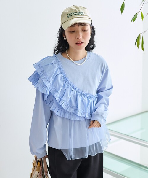 FREAK'S STORE(フリークスストア)の「フリルチュールドッキング ロンT(Tシャツ/カットソー・レディース・ベージュ/オフホワイト/サックスブルー/ブラック・フリ-)」の1枚目の写真