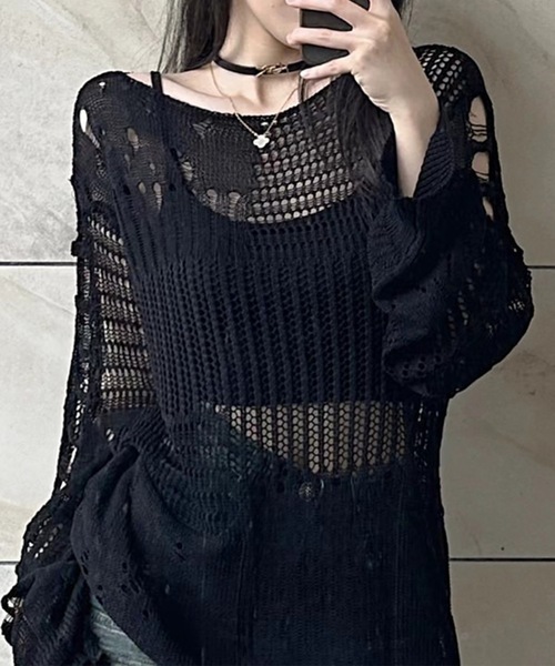 Lace Ladies(レースレディース)の「透かし編み クラッシュ ボートネック ニット プルオーバー(ニット/セーター・レディース・ホワイト/ブラック・FREE)」の2枚目の写真