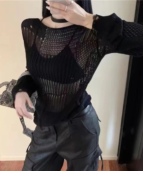 Lace Ladies(レースレディース)の「透かし編み クラッシュ ボートネック ニット プルオーバー(ニット/セーター・レディース・ホワイト/ブラック・FREE)」の5枚目の写真