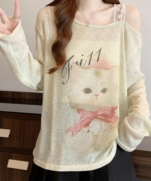 VIVID LADY(ビビッドレディー)の「ネコプリント シアーニット 長袖(ニット/セーター・レディース・イエロー/グレー/ブラック・FREE)」の3枚目の写真