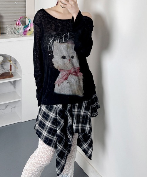 VIVID LADY(ビビッドレディー)の「ネコプリント シアーニット 長袖(ニット/セーター・レディース・イエロー/グレー/ブラック・FREE)」の18枚目の写真