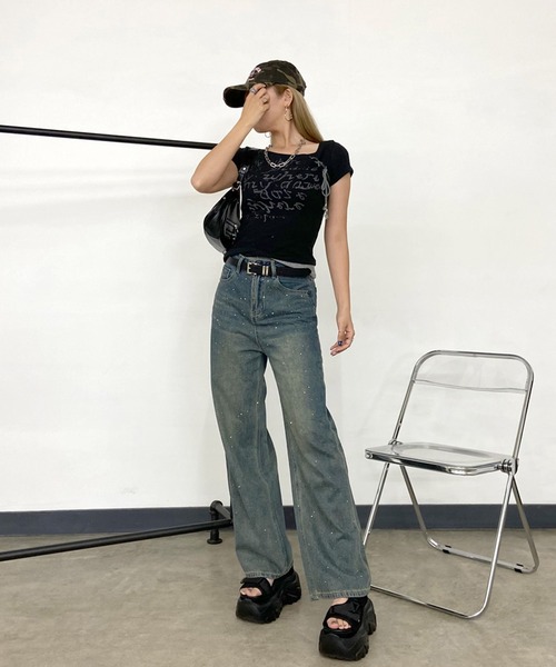 non-hedge（ノンヘッジ）の「アンサンブル風ロゴレースアップショート丈Tシャツ（Tシャツ/カットソー・レディース・チャコールグレー/オフホワイト/ブラック・FREE）」の20枚目の写真