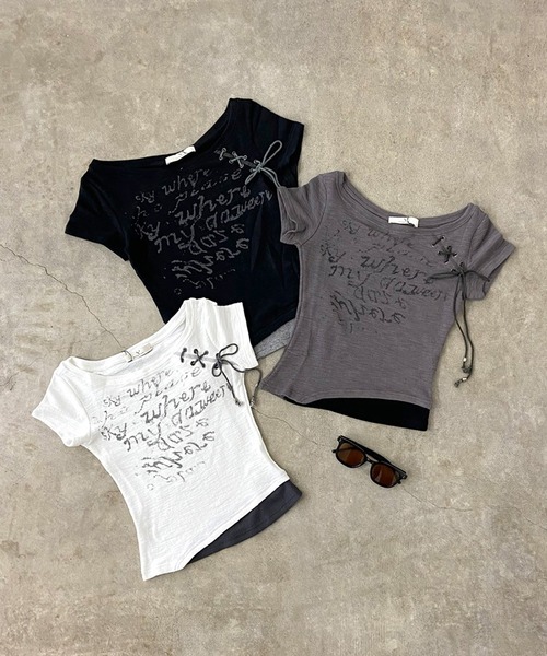 non-hedge（ノンヘッジ）の「アンサンブル風ロゴレースアップショート丈Tシャツ（Tシャツ/カットソー・レディース・チャコールグレー/オフホワイト/ブラック・FREE）」の14枚目の写真