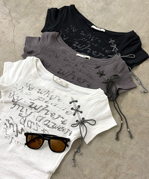 non-hedge（ノンヘッジ）の「アンサンブル風ロゴレースアップショート丈Tシャツ（Tシャツ/カットソー・レディース・チャコールグレー/オフホワイト/ブラック・FREE）」の15枚目の写真