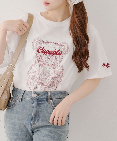 Another Branch olive des olive(アナザーブランチオリーブデオリーブ)の「刺繍クマBIGT(Tシャツ/カットソー・レディース・オフホワイト/ブルー/チャコールグレー・FREE)」の1枚目の写真
