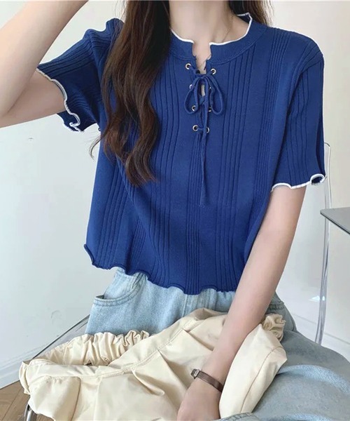 WESTSEA(ウエストシー)の「編み上げリボン リブトップス メローフリル(ニット/セーター・レディース・アイボリー/ブルー/ブラック/ホワイト・FREE)」の1枚目の写真