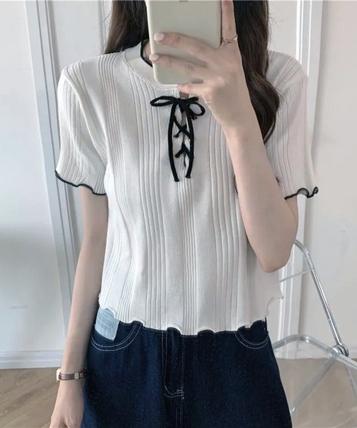 WESTSEA(ウエストシー)の「編み上げリボン リブトップス メローフリル(ニット/セーター・レディース・アイボリー/ブルー/ブラック/ホワイト・FREE)」の5枚目の写真