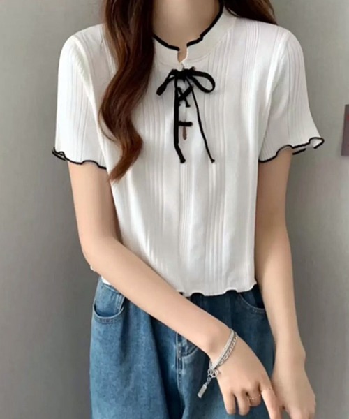 WESTSEA(ウエストシー)の「編み上げリボン リブトップス メローフリル(ニット/セーター・レディース・アイボリー/ブルー/ブラック/ホワイト・FREE)」の6枚目の写真