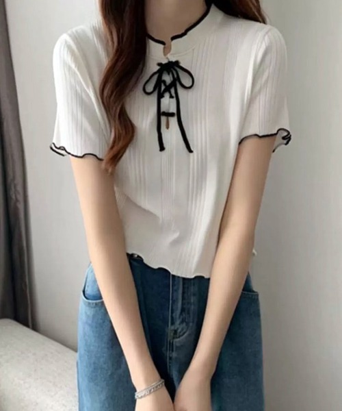 WESTSEA(ウエストシー)の「編み上げリボン リブトップス メローフリル(ニット/セーター・レディース・アイボリー/ブルー/ブラック/ホワイト・FREE)」の7枚目の写真