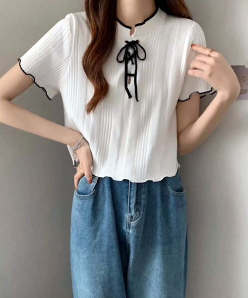WESTSEA(ウエストシー)の「編み上げリボン リブトップス メローフリル(ニット/セーター・レディース・アイボリー/ブルー/ブラック/ホワイト・FREE)」の8枚目の写真