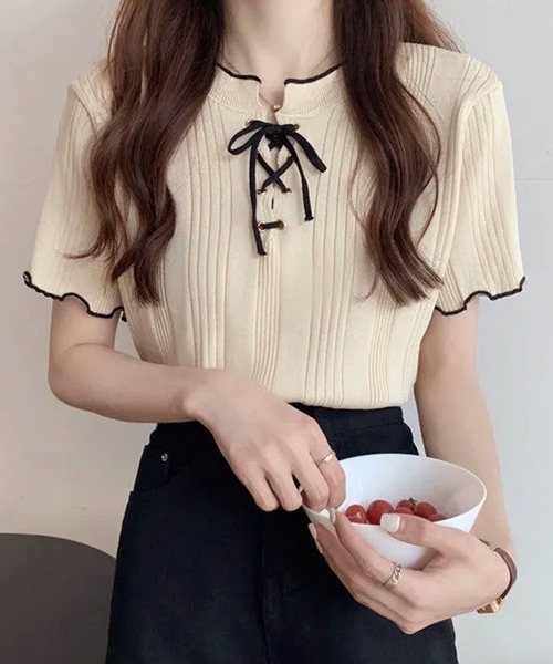 WESTSEA(ウエストシー)の「編み上げリボン リブトップス メローフリル(ニット/セーター・レディース・アイボリー/ブルー/ブラック/ホワイト・FREE)」の9枚目の写真