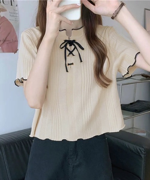 WESTSEA(ウエストシー)の「編み上げリボン リブトップス メローフリル(ニット/セーター・レディース・アイボリー/ブルー/ブラック/ホワイト・FREE)」の11枚目の写真