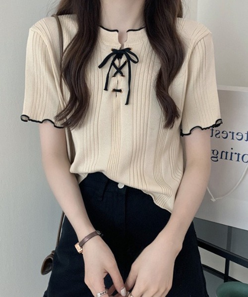 WESTSEA(ウエストシー)の「編み上げリボン リブトップス メローフリル(ニット/セーター・レディース・アイボリー/ブルー/ブラック/ホワイト・FREE)」の12枚目の写真