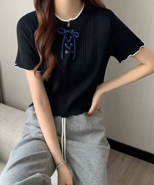 WESTSEA(ウエストシー)の「編み上げリボン リブトップス メローフリル(ニット/セーター・レディース・アイボリー/ブルー/ブラック/ホワイト・FREE)」の14枚目の写真