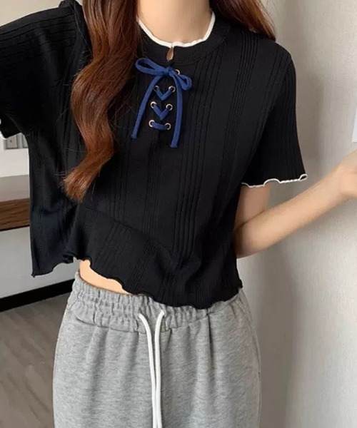 WESTSEA(ウエストシー)の「編み上げリボン リブトップス メローフリル(ニット/セーター・レディース・アイボリー/ブルー/ブラック/ホワイト・FREE)」の17枚目の写真