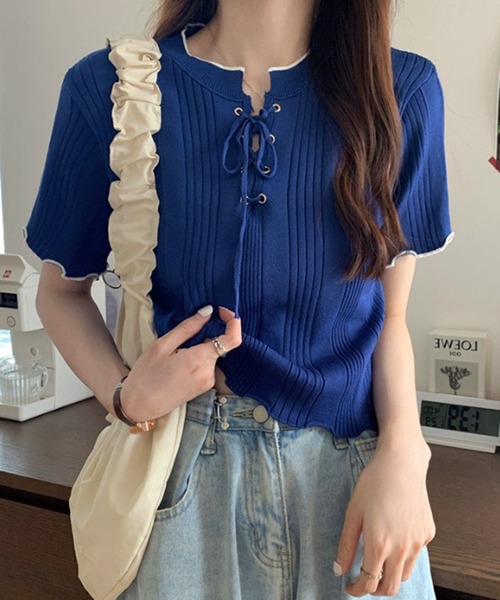 WESTSEA(ウエストシー)の「編み上げリボン リブトップス メローフリル(ニット/セーター・レディース・アイボリー/ブルー/ブラック/ホワイト・FREE)」の20枚目の写真