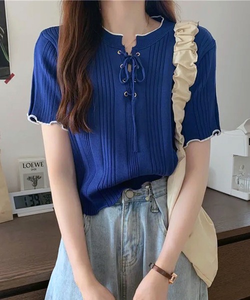 WESTSEA(ウエストシー)の「編み上げリボン リブトップス メローフリル(ニット/セーター・レディース・アイボリー/ブルー/ブラック/ホワイト・FREE)」の21枚目の写真
