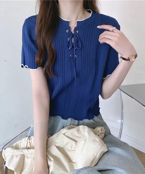 WESTSEA(ウエストシー)の「編み上げリボン リブトップス メローフリル(ニット/セーター・レディース・アイボリー/ブルー/ブラック/ホワイト・FREE)」の22枚目の写真