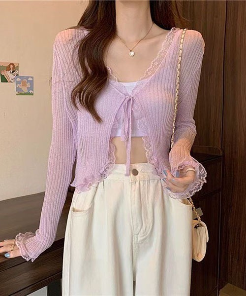 gossip！ロサンゼルス（ゴシップロサンゼルス）の「リブ編み レースフリル 前リボン結び シアーリブニットショートカーディガン 長袖 レディース  春夏アウター（カーディガン/ボレロ・レディース・パープル/ホワイト/ピンク/ブラック・FREE）」の21枚目の写真