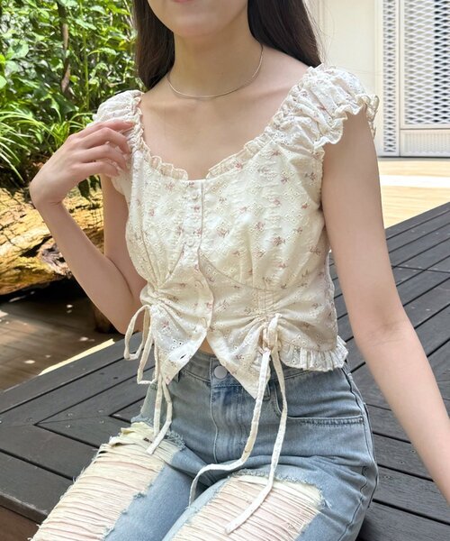 mline（エムライン）の「[mline]花柄刺繍 ドロストブラウス（シャツ/ブラウス・レディース・オフホワイト/アイボリー/ブラック・FREE）」の3枚目の写真