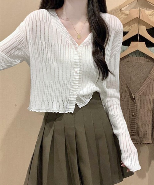 WESTSEA(ウエストシー)の「透かし編み カーディガン ショート丈 長袖(カーディガン/ボレロ・レディース・ミント/ブラウン/ホワイト/ブラック・FREE)」の9枚目の写真
