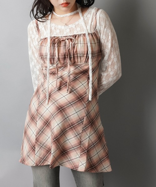 チェックリボンミニワンピース ギンガムチェック柄 リボンフリルヘム ミニワンピース FX25L054