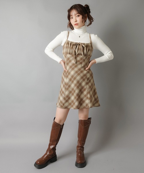 ニャンちゅう❣️ アンサンブルチェックミニワンピース ブラウンXS ニャンちゅう様専用❣️ アンサンブルチェックミニワンピース ブラウンXS