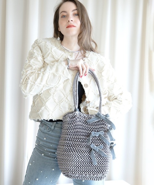 U(ユー)の「Ruban ルバン トートバッグ 飛ばしリボン付き(トートバッグ・レディース・ブラック/グレー・FREE)」の2枚目の写真