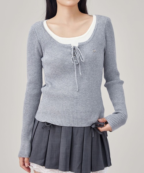 Lace Ladies(レースレディース)の「フロント レースアップ リブ ニット プルオーバー(Tシャツ/カットソー・レディース・ライトグレー/ダークグレー・FREE)」の2枚目の写真