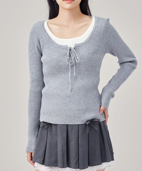 Lace Ladies(レースレディース)の「フロント レースアップ リブ ニット プルオーバー(Tシャツ/カットソー・レディース・ライトグレー/ダークグレー・FREE)」の4枚目の写真