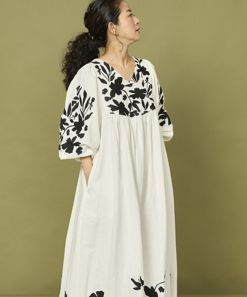 セール】Freada/フリーダ インド 花刺繍 モノトーン ワンピース/ヘビー