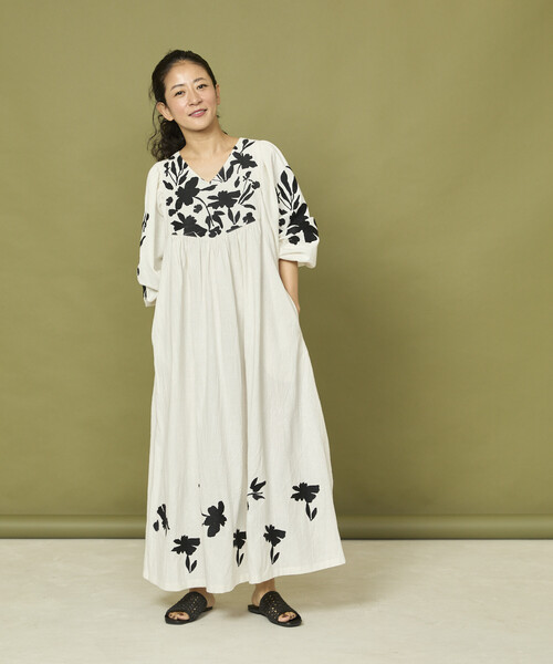 セール】Freada/フリーダ インド 花刺繍 モノトーン ワンピース/ヘビー