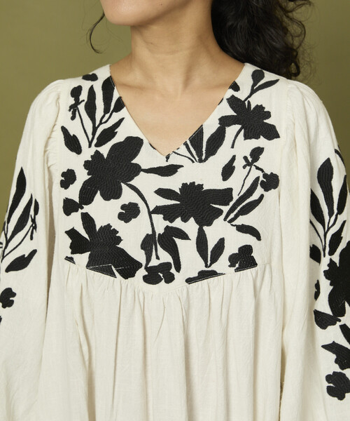 セール】Freada/フリーダ インド 花刺繍 モノトーン ワンピース/ヘビー