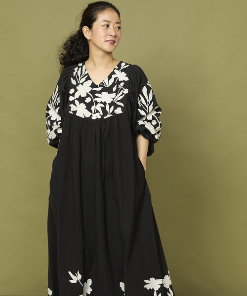セール】Freada/フリーダ インド 花刺繍 モノトーン ワンピース/ヘビー