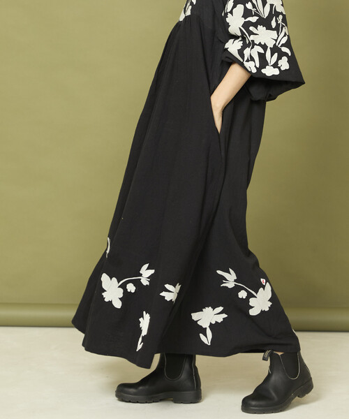 セール】Freada/フリーダ インド 花刺繍 モノトーン ワンピース/ヘビー