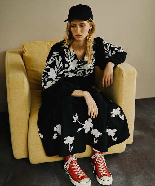 セール】Freada/フリーダ インド 花刺繍 モノトーン ワンピース/ヘビー