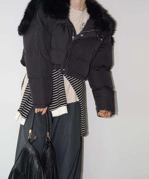 chuclla（チュクラ）の「フード変形ファーカラー ショートダウン chw25a065（ダウンジャケット/コート・レディース・ブラック/ライトグリーン・FREE）」の13枚目の写真