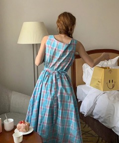 セール】カラフルチェックタックロングワンピース（インド綿.インド