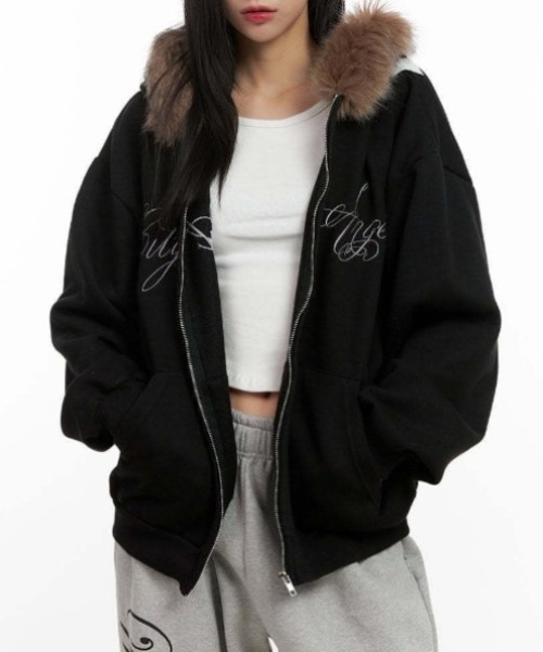 yuue' ( wear )（ユーイ）の「裏起毛ファーフードフロントロゴジップパーカー/ファー付きフーディー/セットアップ対応（パーカー・レディース・ブラック/グレー・FREE）」の15枚目の写真
