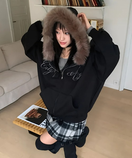 セール】裏起毛ファーフードフロントロゴジップパーカー/ファー付き