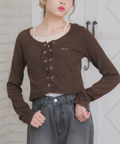 ems excite（エムズエキサイト）の「レースアップレイヤード風ロンTEE（Tシャツ/カットソー・レディース・ブラック/ダークグレー/ワインレッド/ブラウン・FREE）」の3枚目の写真