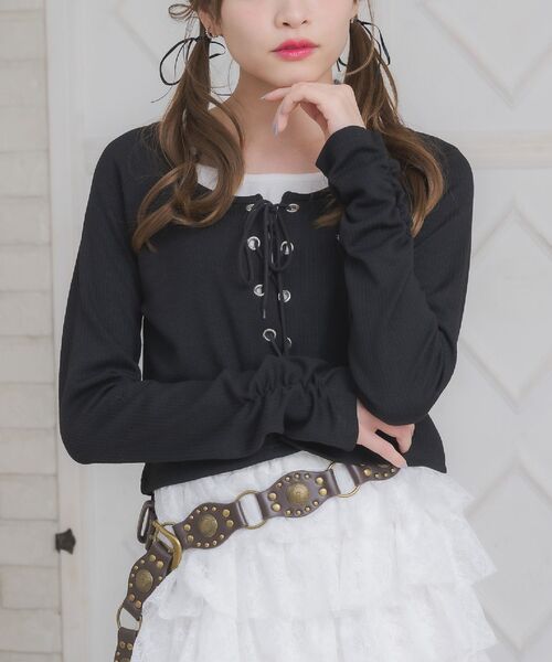 レースアップレイヤード風ロンTEE（Tシャツ/カットソー）｜ems excite