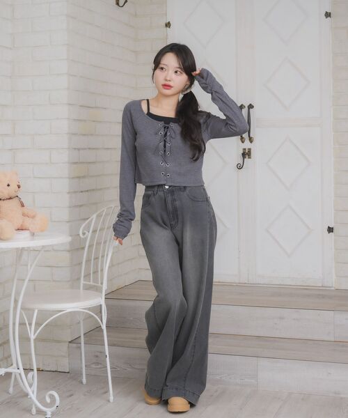 ems excite（エムズエキサイト）の「レースアップレイヤード風ロンTEE（Tシャツ/カットソー・レディース・ブラック/ダークグレー/ワインレッド/ブラウン・FREE）」の5枚目の写真