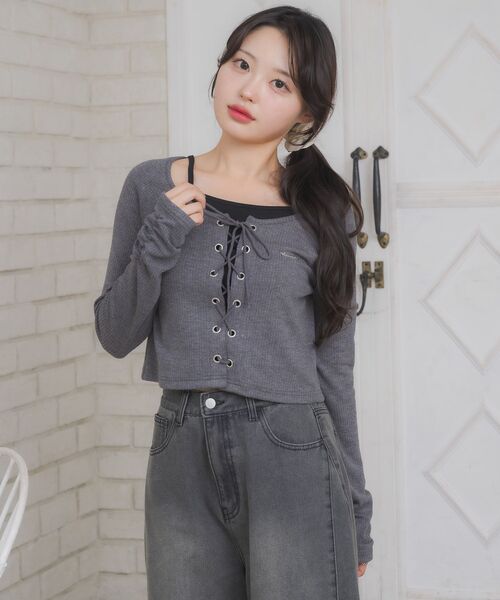 ems excite（エムズエキサイト）の「レースアップレイヤード風ロンTEE（Tシャツ/カットソー・レディース・ブラック/ダークグレー/ワインレッド/ブラウン・FREE）」の9枚目の写真