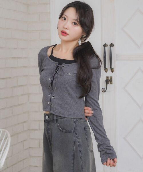 レースアップレイヤード風ロンTEE（Tシャツ/カットソー）｜ems excite